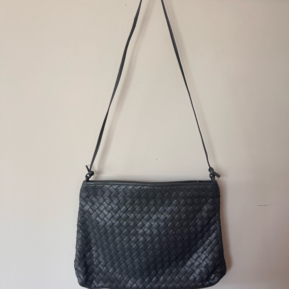Elegant Gray Woven Leather Shoulder Bag Vintage Meyers made in USA